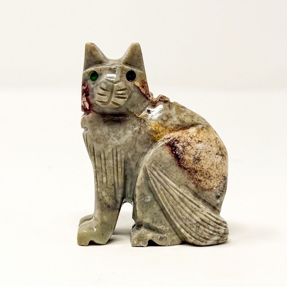 Vintage Peruvian Mosaic Soapstone Cat Figurine Hand Carved Stone Green Eyes